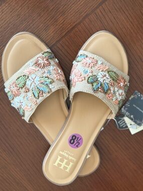 Haute Hippie Floral Embroidered Slide Sandals Sz 8.5 Boho Beaded NWT l
